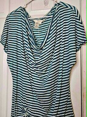 Studio M Green & Gray Striped Size Large Cowl Neck Top